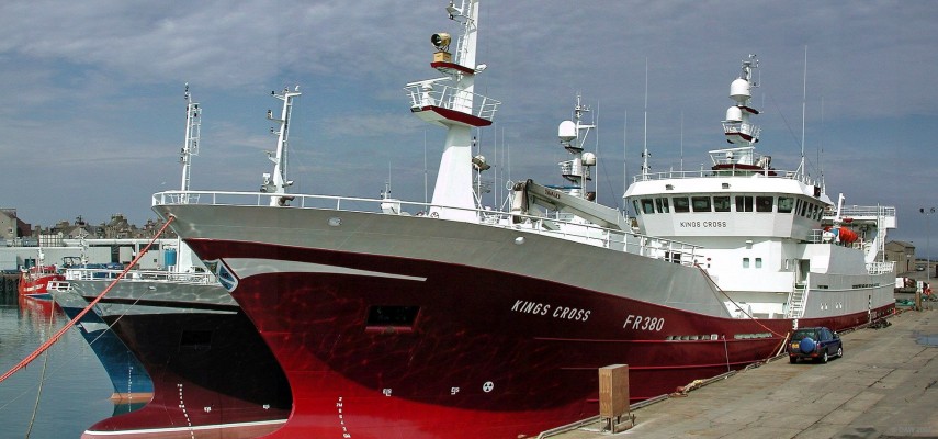 FR380, Kings Cross, Fraserburgh Harbour
The latest in hi-tech fishing boats.  Built in 2003  by Eidsvik Skipsbyggeri in Norway she is 70m (229ft) long and displaces some 2300 tons, her engines can develop 4.9MW of power.  She is amongst the largest fishing vessels in the UK fleet with accomodation for up to 12 crew.  She normally uses the Purse Seine fishing technique.  
