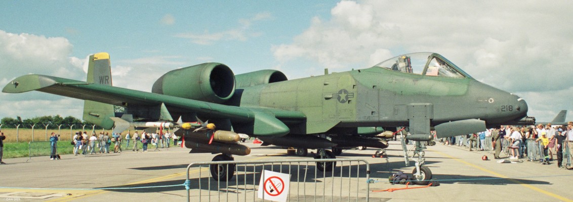 Fairchild A-10 Thunderbolt, Fairford, 1993
The A-10 entered service with the US Air Force in 1977, its primary role was ground attack.  The airfame was designed around the 30mm canon that protudes from the nose.  It had some 540kg of titanium armour around the cockpit and avionics and was designed to be highly survivable to enemy fire.  It provied itself very effect in the 1991 gulf war during operation Desert Sheild.
