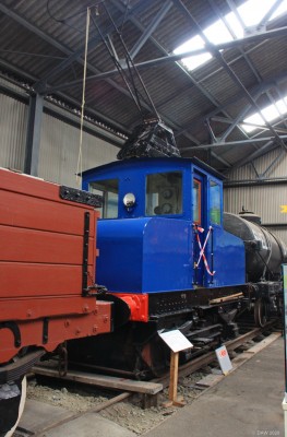 Electric Steeple-Cab locomotive, Bo'ness & Kinneil Railway
This unusual electric locomotive dates from 1940.  The name steeple-cab is because from a side view it does actually look a bit like a steeple.  It was used at the Fairlfieds shipyard in Govan to haul goods along the tram lines from the Govan Railway good yard to the ship yard.  Electric traction was chosen because the tram lines used over-head electric power.  It operated until 1967 when it was donated to the museum.
