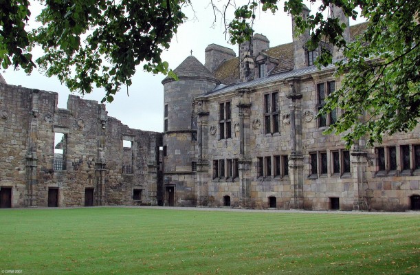 The courtyard, Falkland Palace
On the right is the south range of the courtyard at Falkland Palace and on the left the ruined East Range.   Only traces of the North range remain after it burned during the occupation by Cromwell in 1652. 
