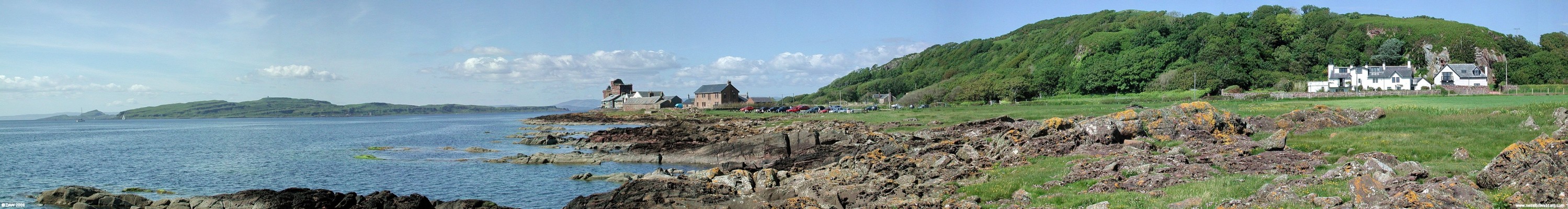 Farland Head Panorama
Looking North West from Farland Head on the North Ayrshire coast.  The island on the left is The Wee Cunmbrae, on the extreme left you can just see the tail end of the Island of Bute behind the Cumbrae.  Portencross Castle can be see amongst the houses in the centre.  [url=http://www.streetmap.co.uk/streetmap.dll?G2M?X=217675&Y=648580&A=Y&Z=3/]Map location[/url]
