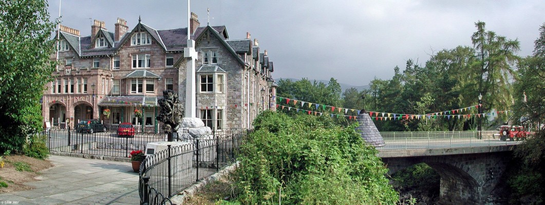 Fife Arms Hotel, Braemar
The Fife Arms Hotels dominates the centre of the small village of Braemar.  In this picture you can also see the war memorial and in front of that an old aero engine in memory of airmen lost in the hills of Scotland.  To the right you can see the roof of the wishing well and the bridge across Clunie Water. [url=www.multimap.com/map/browse.cgi?lat=57.0051&lon=-3.4002&scale=25000&icon=x/] Map location[/url]
