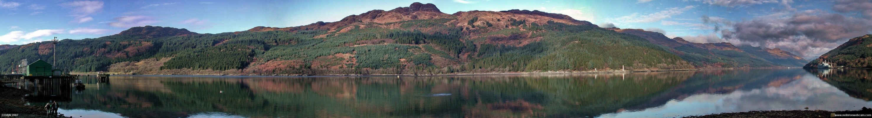 Loch Long Panorama from Finnart
On the left is Finnart Oil Terminal, on the extreme right is Glen Mallan Munitions jetty with RFA Fort Austin moored alongside.  This location is popular with divers, some can be seen preparing to enter the water.  The top of the loch is round the corner on the right. [url=http://www.streetmap.co.uk/streetmap.dll?G2M?X=224425&Y=695485&A=Y&Z=3/]Map location[/url]
