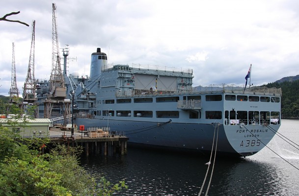 Stern view of RFA Fort Rosalie, Glenmallan
The large flight deck at the stern is capable of taking the largest helicopters operated by the UK, on the hanger roof there is also  an emergency landing platform.  Note that on this particular day there appears to be preparations for a barbeque taking place on the flight deck.
