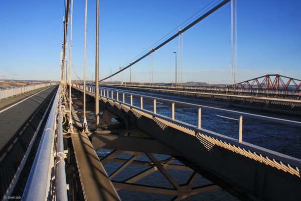 The Forth Road Bridge, 2017
A view of the road deck of the old Forth Road Bridge taken in December 2017 after the Queensferry Crossing had opened.  As you can see there is a distinct lack of any traffic, the bridge is now only used for Buses. pedestrians and cyclists.  On very rare occasions it can be used if the Queensferry Crossing is closed.
