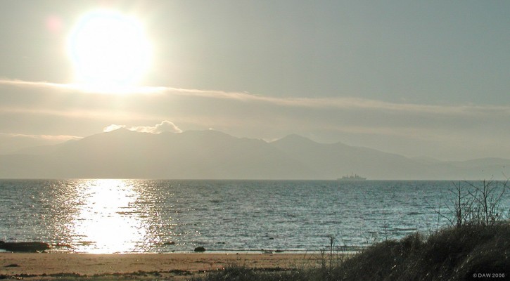 Frigate, firth of Clyde
A visting NATO Frigate heads up the Clyde between Arran and the Ayrshire Coast.  [url=http://www.multimap.com/map/browse.cgi?lat=55.6704&lon=-4.8474&scale=25000&icon=x/]Map location[/url]

