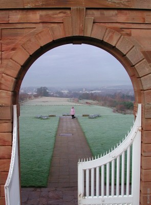 Gateway at Chatelherault Hunting Lodge
The hunting lodge was built by the 5th earl of Hamilton in 1734.  If you look just to the upper right of centre in the circle you can just make out the Hamilton Mausoleum down near Hamilton, the resting place of the Hamiltons. The name Chatelherault derives from a French title bestowed in 1548 on James Hamilton, the 2nd Earl of Arran (1516-75).  

