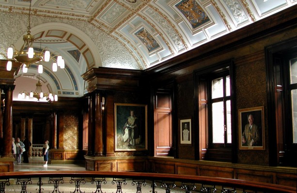 Glasgow City Chambers, hall of fame
Amongst the wood paneling on the top floor are paintings of former Lord Provost's of Glasgow, but its difficult to pay much attention to them when the ceiling has such incredible decoration.
