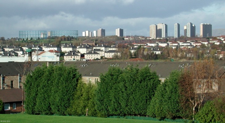 Glasgow Skyline from Tollcross park
Taken in 2007 from the highest point in Tollcross Park in the east end of Glasgow.  This view is looking west with the Red Road towers on the right and the Provan gasometers on the left. They are amongst the largest such gas storage tanks in the UK, each holding 10 million cubic feet of natural gas.  [url=http://www.streetmap.co.uk/map.srf?X=263587&Y=664112&A=Y&Z=115/] Map location. [/url]
