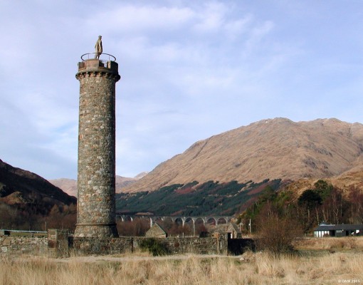 The Glenfinnan Monument, Glenfinnan
Situated at the head of Loch Shiel this monument was built in 1815 to mark the spot in 1745 where Bonnie Prince Charlie raised his army and headed as far south as Derby in England in an attempt to regain the throne before being defeated at Culloden.  The Railway viaduct in the background has more recently been made famous in a Harry Potter film.
