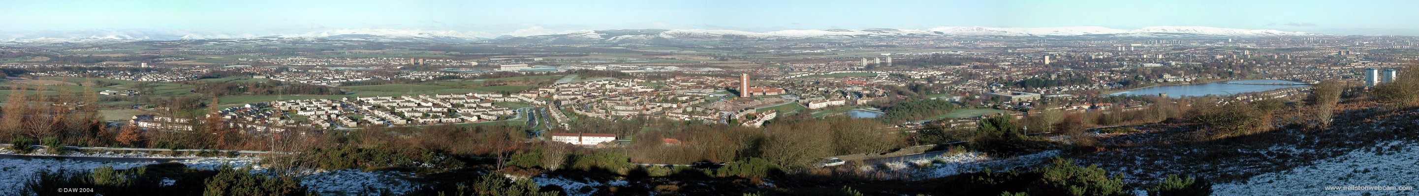 Winter panorama from Gleniffer Braes above Paisley
This view was taken in December 2004, on the extreme left is Johnstone, in the centre is the Foxbar area of Paisley with the remaining tower block in the centre.  Paisley is spread out behind this with Glasgow in the distance on the right.  The snow capped peak of Ben Lomond can clearly be seen in the distance to the left of the foxbar tower block.

