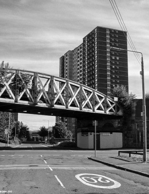 The Gorbals, 2007
The name Gorbals conjures up many images of Glasgow.  It has a reputation as being a deprived violent slum area of Glasgow.  Many attempts have been made to improve it, these tower blocks date from the 1960's.  they were well intentioned but merely created new problems.  Since 1993 many have been demolished and another regeneration project is under way creating new lower density housing.
