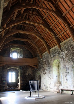 The Great Hall, Doune Castle
The great hall links the two towers at Doune Castle.  In the restoration of the 1880's the wooden roof was added.  There is no fireplace in the hall so it is thought there was have been a central fire with some sort of opening in the roof.
