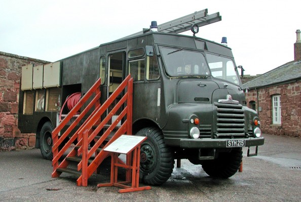 Green Goddess fire engine
Built in the 1950's for the Auxilliary Fire Service (AFS), a civillian volunteer service set up to fight fires in the event of a nuclear attack.  There were 1000 based around the UK.  When the AFS was disbanded in 1968 they were put into storage for use in floods or strikes.  During the 2002/2003 firemens strike when they were once again pressed into service, its the only time I've seen a fire engine with blue lights flashing and a queue of traffic behind it, no surprise with a top speed of 45mph.

