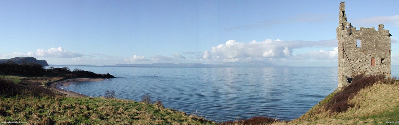 Panoramic view from Greenan Castle, Doonfoot, Ayr
Looking out from behind the ruins of the 16th century tower house.  On the left are the Heads of Ayr, in the centre is the Island of Arran.  [url=http://www.streetmap.co.uk/map.srf?X=231135&Y=619230&A=Y&Z=120/] Map location. [/url]


