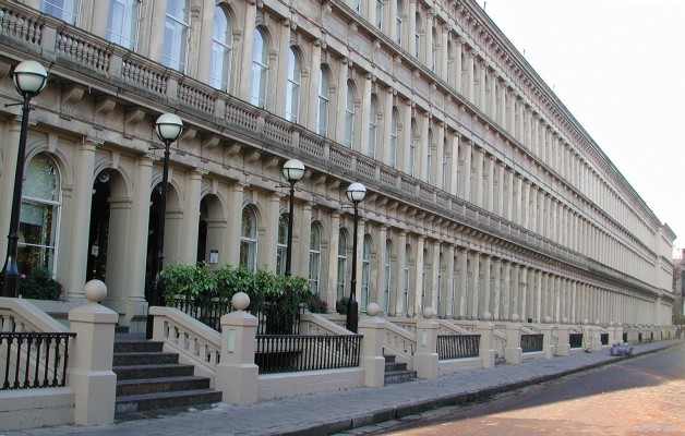 Grosvener Hotel, Glasgow
Built in 1858 as housing, the terrace was described as "the finest range of buildings in Great Britain" at the time.  The Grosvener opened in No 1 and No 2 in 1938 in time for the Empire Exhibition held in Glasgow on that year.  In the 1970's neighbouring houses were bought to expand the Hotel but in 1978 during a fire fighters strike it was destroyed by fire.    It was rebuilt and re-opened in 1982.
