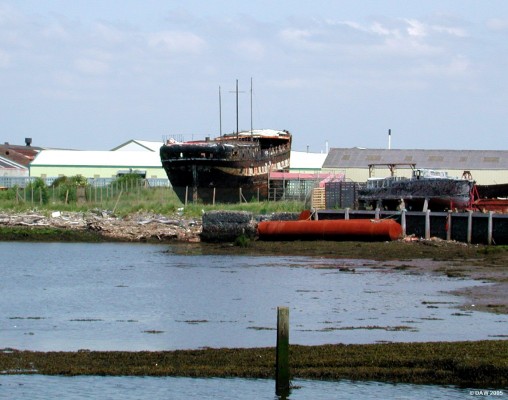 HMS Carrick, Scottish Maritime Museum, Irvine
This sorry sight is the sailing ship HMS Carrick, launched in Sunderland in 1864 as The City of Adelaide.  She was designed to carry cargo and passengers between London and Adelaide, Australia.  In 1923 she was purchased by the Royal Navy and fitted out here at Irvine to become a training ship.  In 1990 during a move she sank and remained  submerged for 13 months in what could arguably be called an act of corporate vandalism.  Irvine Museum bought it for �1 and are currently struggling to fund a restoration.
