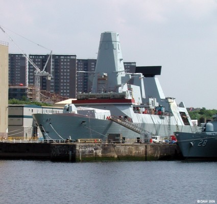 HMS Daring, BAE Scotstoun, July 2006
HMS Daring, now with its Mark 8 4.5 inch gun fitted.  From this view you can cleary see the 'stealthy' design that has been used.  There are no right angles on the superstructure which gives it a very low radar signiature.  There will also be no deck 'clutter' with very clean lines compared to previous generations of RN ships.
