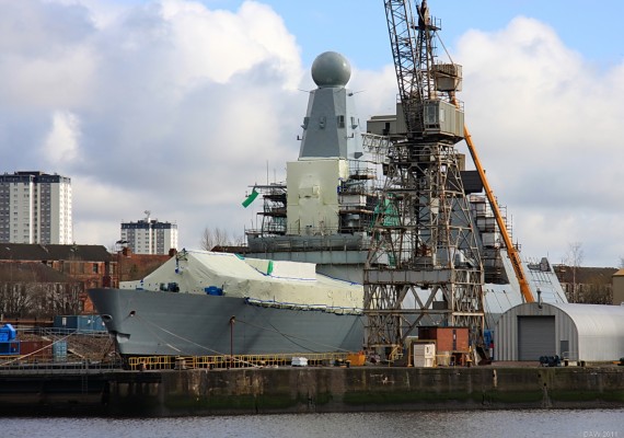 HMS Diamond, D34, Scotstoun
The third of the Royal Navy's new type 45 Air Defence destroyers under construction at BAE Systems ship yard on the Clyde.  Taken in early 2009 when the ship was still fitting out, it has since undergone sea trials and is now at its home port of Portsmouth.
