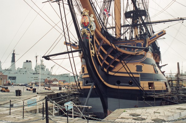 HMS Ark Royal and HMS Victory, Portsmouth 1991
The new and the old.  At the time this photo was taken in 1991 Ark Royal was one of the Royal Navy's newest ships, having been comissioned in 1985.  But by 2011 she was in a scrap yard in Turkey, HMS Victory remains the oldest commissioned ship in the Roal Navy having been comissioned in 1778.
