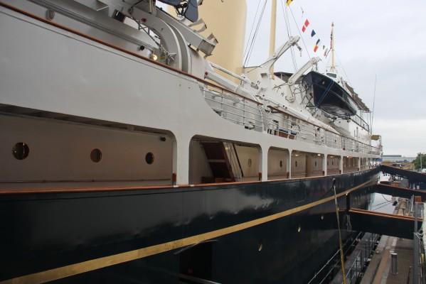 HMY Britannia, Leith Dock
The former Royal Yacht Britannia in her final resting place stuck behind a shopping mall at Leith Docks.  Disappointingly, its not really possible to get a good overall external view of the ship since you aren't given access to the dock its moored at.  If you want a photo that doesn't include the gantry walkways you need to drive a few miles to the other side of the docks to get a distant view.
