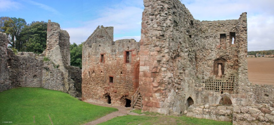Hailes Castle, East Lothian
The first castle here was a fortified Tower House buitl by Hugo de Gourley in 1240.  The East Tower is on the right here with the 15th century range on the left.  A Doocot can be seen in the tower, this was a source of fresh meat for the occupants. 
