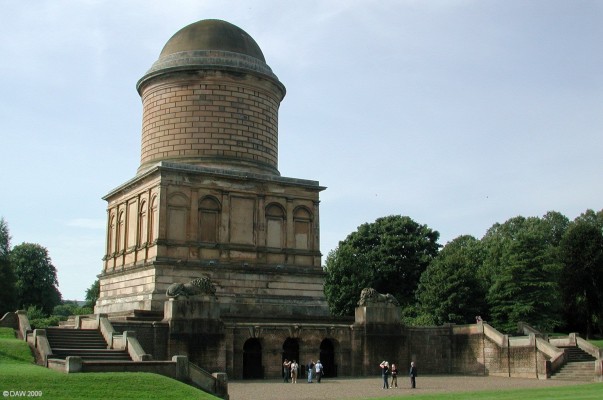 Rear view of Hamilton Mausoleum
Built in 1842 by the 10th Duke of Hamilton, it took 15 years to complete and has been described as an extraordinary work of sculpture rather than a building. The centre arch is the entrance to the Crypt.  The entire upper structure was intended as chapel but was never used as such.  [url=http://www.streetmap.co.uk/map.srf?X=272662&Y=656440&A=Y&Z=120/] Map location. [/url]
