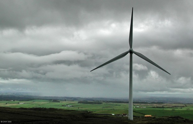 The answer is blowing in the wind, or is it?
One of the 2MW Turbines at Haupland Muir in Ayrshire.  Typically these turbines generate electricty 70-85% of the time but actual output depends on wind speed.  Over a year it will generate 30% of its theoretical maximum (load factor), Hunterston B a few miles from here has a load factor of 60%.  What this means is with wind power you need huge over capacity at different geographic locations, and/or conventional power stations available to plug the gap at short notice..... or you just let your lights go out
