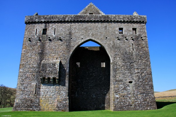 The East face of Hermitage Castle
The most striking feature of Hermitage Castle are the two great sailing arches on both the East and West Elevations.  These were created to support a woodend firghting platfrom that went around the top of the building.  The support points for the wooden beams can still be seen high up on the wall.  [url=http://www.streetmap.co.uk/map.srf?X=349717&Y=596062&A=Y&Z=115/] Map location. [/url]
