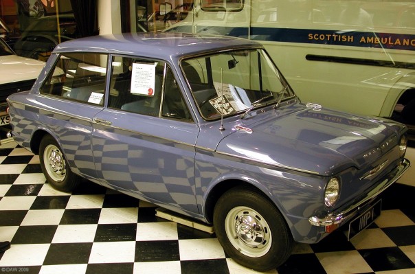 Hillman Imp, Transport Museum, Glasgow
The Hillman Imp was built between 1963 and 1976 at Linwood just outside Paisley. The Rootes car company of Coventery built a new factory at Linwood to manufacture the car.  It used an aluminium rear engine and was designed to compete with the Mini.  There were numerous industrial troubles at the Linwood factory and it was later taken over by Chrysler who eventually closed it down in 1981.
