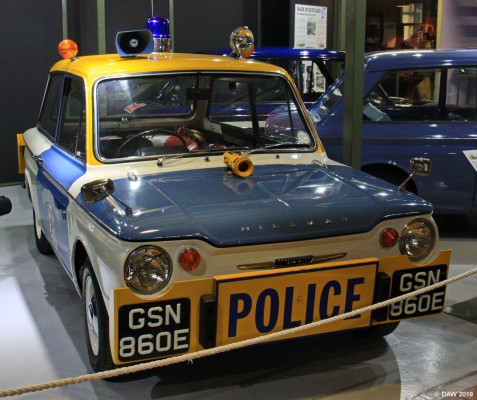 Hillman Imp Police car, Grampian Transport Museum
This Super Hillman Imp is a replica of two police cars bought by Dunbartonshore Police for patrolling and escorting wide loads around the narrow road up Loch Lomond side.  They apparently bough a white car and and a blue car and swapped panels between them to give two unique cars! 

