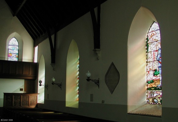 Inside Colmonell Parish Church
The Church dates from 1772 but was remodelled in 1849.  It is noted for its impressive stained glass windows by Louis Davies and Douglas Strachan.  [url=http://www.streetmap.co.uk/idmap.srf?X=214480&Y=585785&A=Y&Z=120/] Map location. [/url]
