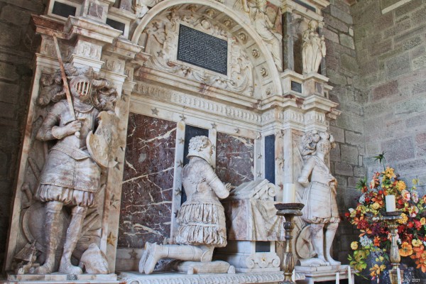 Inside Scone Palace Chapel
Inside the small Gothic Chapel that stands at Scone Palace.  The alabaster monument was created by Maximilian Colt in 1618.  It depicts David Murray, the 1stViscount Stormont, kneeling in prayer between the figures of his two great friends, the Marquis of Tullibardine and the Earl Marischal, who he brought together in friendship after a long feud. 
