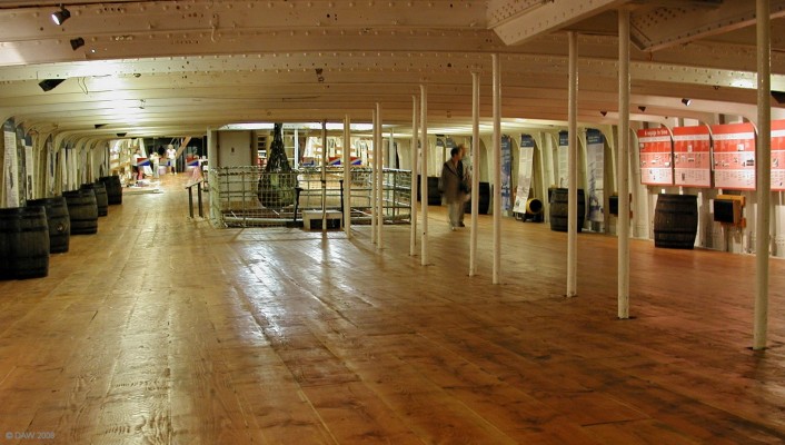 Inside the Glenlee ship
With no obstructing bulkeahds this view down the top deck of Glenlee gives an idea of its size.  Built in 1896 in Port Glasgow it is one of only 5 Clyde built sailing ships left afloat.
