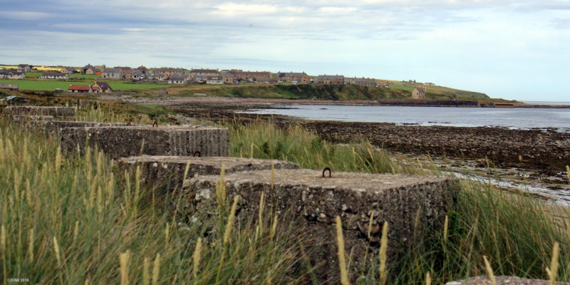 Tank traps, Sinclairs Bay, Keiss
The beach that runs along Sinclair's Bay is said to be the longest beach in Caithness and despite being very far north someone must have thought there was a risk on invasion here during World War II.  [url=http://streetmap.co.uk/map.srf?X=334282&Y=959877&A=Y&Z=120/] Map location. [/url]
