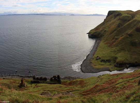 Inver Tote, Isle of Skye
Skye isn't somewhere you expect to see much industry, but in 1899 the Skye Diatomite Company was a hive of industry in the buildings below.  Diatomite is a clay substance that was used for many things including the production of Dynamite.  It was mined at nearby Loch Cuither, the ruins below are the drying shed where the Diatomite was prepared before being taken away by boat.  [url=http://streetmap.co.uk/map.srf?X=151957&Y=860504&A=Y&Z=115/] Map location. [/url]
