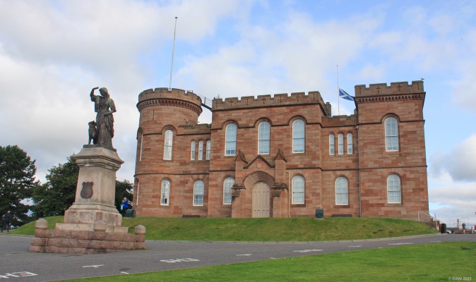 Inverness Castle
What you see today was built in the 19th century as a prison and then later used as a court.  The statue dates from 1896 and is of Flora Macdonald who aided the escape of Prince Charles Edward Stuart after Culloden. [url=http://streetmap.co.uk/map.srf?X=266657&Y=845037&A=Y&Z=115/] Map location. [/url]
