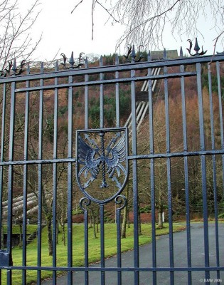 Inverueglas Hydro Power Station, Loch Lomond
Located on the shores of Loch Lomond at Inverueglas Bay this is part of the Loch Sloy Hydro scheme.  A 3km tunnel carries water from Loch Sloy to the valve house you can see at the top of the hill.  4 Turbine sets within the Power station at the end of the Pipes generate 152Mw of peak demand electricity.  Completed in 1950 in a time when designers still had the courage to put in details like this impressive gate.
