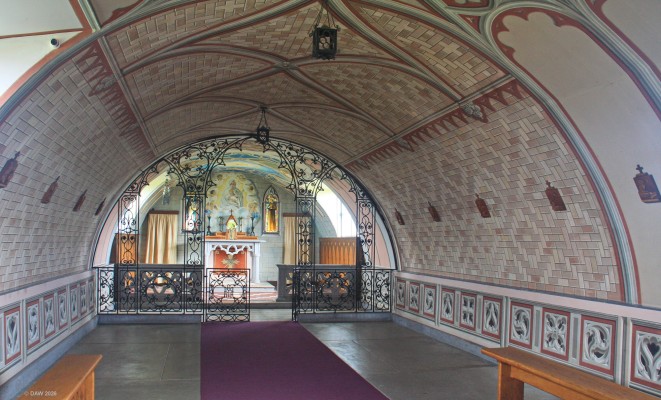 Italian Chapel, interior
The chapel was constructed at Camp 60 on Lamb Holm island.  It consists of 2 Nissen huts joined together with the interior plastered and then painted.  The alter was made from concrete left over from construction work on the Churchill barriers.  Most of the interior decoration was done by Domenico Chiocchetti, a prisoner from Moena in Trentino, northern Italy.
