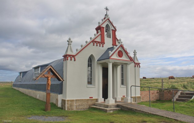 The Italian Chapel, Orkney
Created from two Nissen huts by Italian prisoners of war.  550 Italian prisoners were brought to Orkney in 1942.  200 were based here at camp 60 on what was the uninhabited island of Lamb Holm to build the Churchill barriers to protect the home fleet anchored in Scapa Flow.
