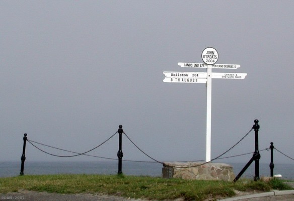 John O' Groats, Caithness
For a small fee you can stand at this sign post and have your photo taken with the name and distance to your home town.  However, being a cheapskate, I waited till there was no one there and added the name digitally when I got home.  Incidently, the distance of 874 miles to Lands End is wrong, its just over 600 as the crow flies, presumably the distance given is by road whilst on a milk run.
