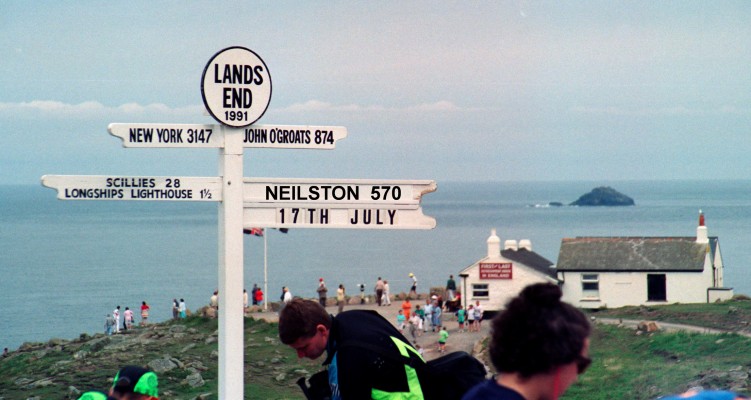 Land's End, England, 1991
The most Westerly point in mainland England but not the most westerly point on Great Britain, that goes to Ardnamurchan in Scotland.  Like John O' Groats in Scotland it is mainly an oppoirtunity the fleece the tourists. [url=http://streetmap.co.uk/map.srf?X=134287&Y=25247&A=Y&Z=115/] Map location. [/url]
