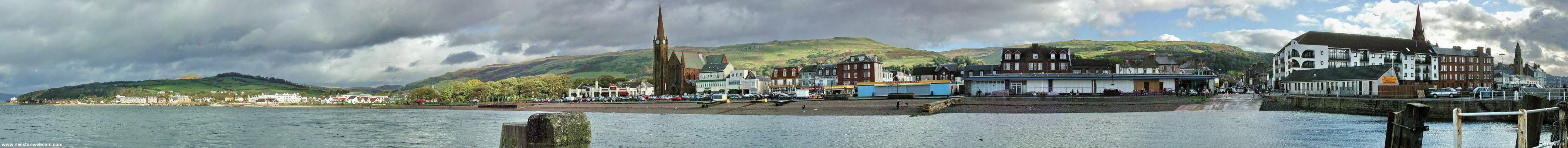 Panoramaic view from Largs Pier
Taken in October 2002, this view is now denied to the good people of Largs as the Pier is now closed to the public for 'health & safety' reasons. On the left is the Aubery end of Largs, on the extreme right is St John's Church Steeple. [url=http://www.streetmap.co.uk/streetmap.dll?G2M?X=220045&Y=659490&A=Y&Z=3/]Map location[/url]
