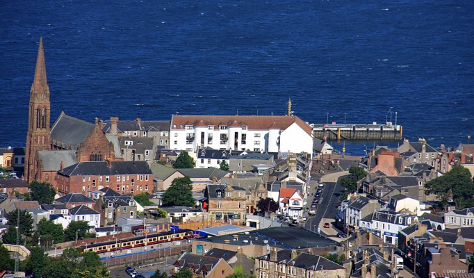 Overlooking Largs Pier and town centre, 2010
Largs from the view point at the top of Douglas Park.  On the left is the Clark Memorial Church and the railway station. [url=http://www.streetmap.co.uk/map.srf?X=221411&Y=658516&A=Y&Z=120/] Map location. [/url]
