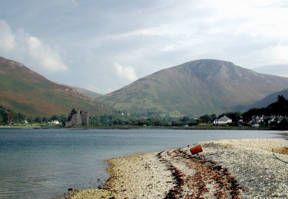 Loch Ranza, Isle of Arran
This sea loch is at the northern end of Arran.  Lochranza village is on the right and the castle is on the left.  In the summer months a small car ferry runs from here to the Mull of Kintyre.  Torr Nead rises to 325m in the background.
