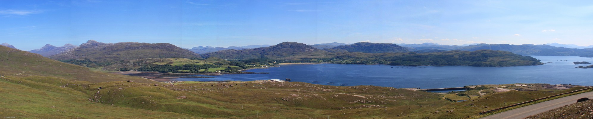 Loch Kishorn
Panoramic view from the Bealach na Ba road looking south over Loch Kishorn.  The former Kishorn Oil fabrication yard can be seen on the right.  At its peek in the 1980s it employed thousands of workers.  Due to its remote location most material came to the yard by boat. [url=https://www.streetmap.co.uk/map.srf?X=179362&Y=841180&A=Y&Z=120&ax=181187&ay=840940/] Map location. [/url]
