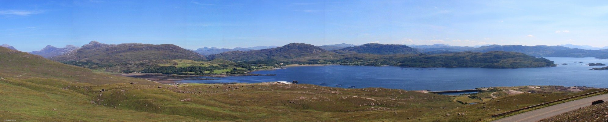 Loch Kishorn
Panoramic view from the Bealach na Ba road looking south over Loch Kishorn.  The former Kishorn Oil fabrication yard can be seen on the right.  At its peek in the 1980s it employed thousands of workers.  Due to its remote location most material came to the yard by boat. [url=https://www.streetmap.co.uk/map.srf?X=179362&Y=841180&A=Y&Z=120&ax=181187&ay=840940/] Map location. [/url]
