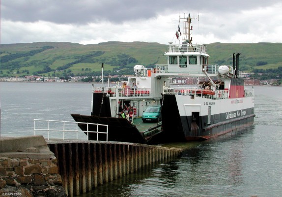 Lochalain arriving at Cumbrae Slip
Before the Roll on Roll off ferry service  the car ferry had to go round to the main pier at Millport and the process used elevetors, turntables and a great deal of time,  prior to that they were lifted off by crane.  Today its so much easier and only takes about 15 minutues.  Once there a tank of petrol might last you weeks since its only 11 miles round the island by road.
