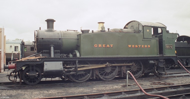 Class 4575 Steam Loco, Didcot, 1991
No 5572 at Didcot Railway Centre in 1991.  Built at Swindown in 1929.  She was withdrawn from service in 1962 and saved from being scrapped in 1971 and came to Didcit in 1977 after restoration.  At the time this photo was taken she was in use but at present is a static display.
