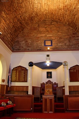 Inside Barr Castle, Galston
The upper hall in Barr Castle with its impressive vaulted stone roof, now in use as Lodge St Peter 331.  
